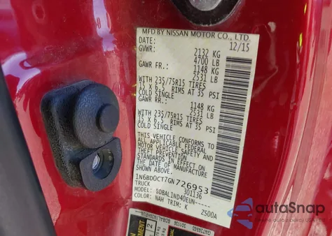 2016 Nissan Frontier S/Sv-I4 z USA, uszkodzony, nr VIN 1N6BD0CT7GN726953